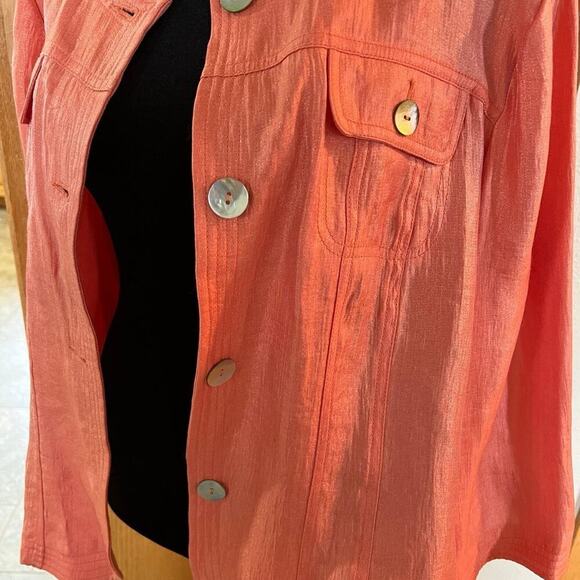 Ruby Rd. CORAL PINK shimmer women’s size 16 jacket. 3/4 sleeves, button down - Picture 3 of 12